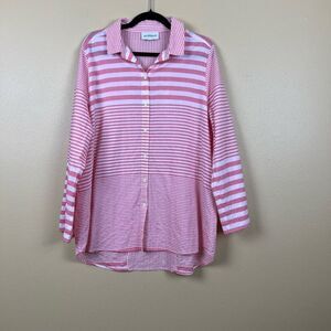 Peck & Peck Blouse Top Boyfriend Button Down Stripe Beach Shirt Long Sleeve Pink
